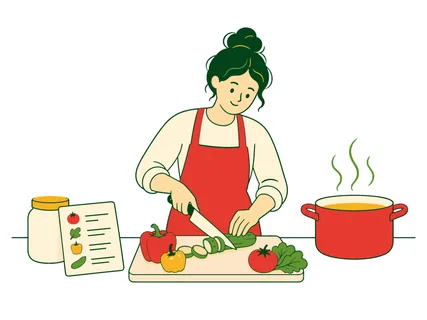 A woman is chopping vegetables on a cutting board while a pot of soup simmers on the stove