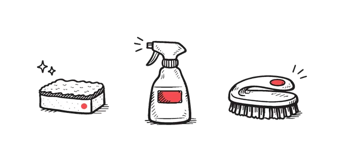 Simple home cleaning essentials theme a horizontal row of 3 related hand-drawn objects on a white background: a small sponge with a tiny pink dot detail, a simple spray