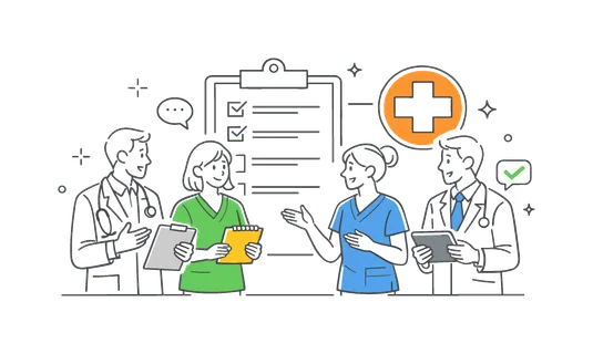 A hospital teamwork environment where doctors and nurses discuss treatment plans and share responsibilities, illustrated by a small group interacting near a simple