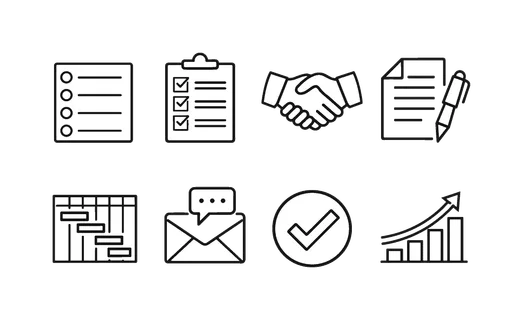 Sales pipeline process: lead list, qualification checklist, handshake, proposal document, timeline chart, follow up message, deal closing checkmark, growth graph.