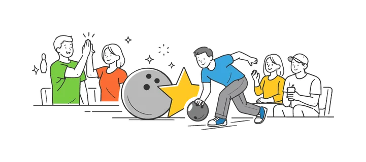 A leisure lifestyle concept where individuals unwind through a bowling activity in a relaxed environment, visualized by a small group near a simple bowling ball and star