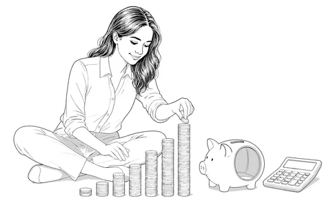 A woman sits cross-legged, meticulously stacking coins to form a growing financial graph, symbolizing savings and investment strategies
