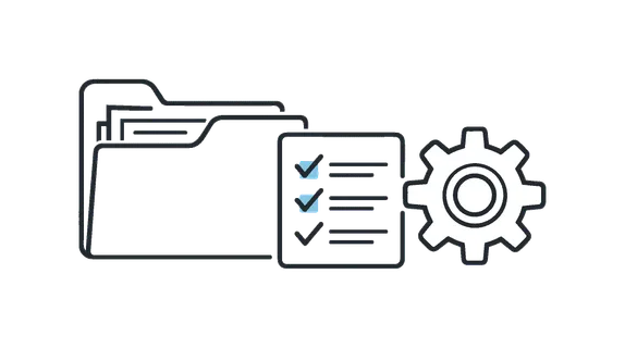 Digital workspace organization and tidy document management during daily professional tasks, a clean folder icon beside a small checklist and a gear forming a clear visual metaphor