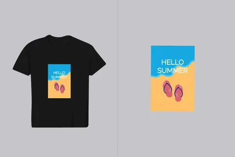 A black t-shirt displays a vibrant graphic of a sandy beach with blue waves and pink flip-flops, proclaiming "Hello Summer"