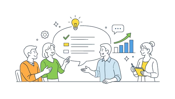 A team feedback and performance discussion scene featuring a small group exchanging insights around a large speech bubble and a chart, using a simple visual metaphor of