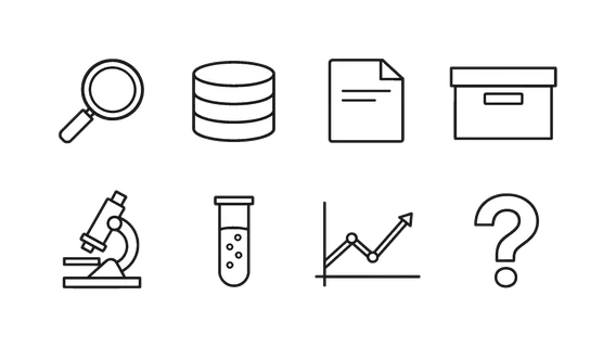 Information and research: search magnifier, database cylinder, document file, archive box, microscope, test tube, analytics chart, question mark.