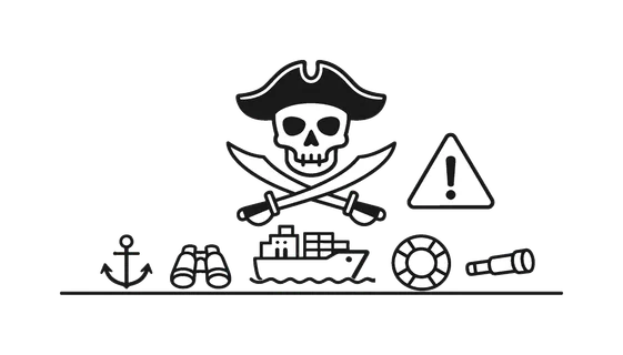 Maritime threat warning representing piracy risks and security concerns for ships transporting cargo across international sea routes, a skull icon, a pirate hat silhouette, a small