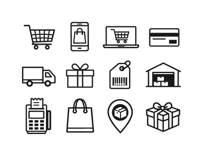 Online shopping e-commerce: shopping cart, smartphone with shopping bag, laptop with shopping cart, credit card, package box, delivery truck, shopping bag, barcode tag, parcel with