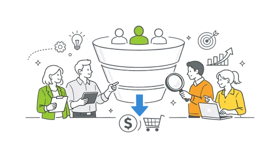 A business marketing scenario where professionals analyze and optimize a sales funnel to convert potential customers into buyers, shown through a small group interacting