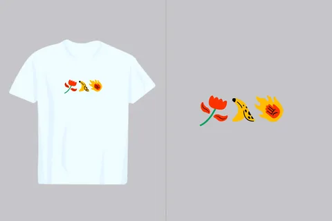 A clean white t-shirt showcases a playful and abstract design featuring a red flower, a yellow banana, and a fiery hand symbol