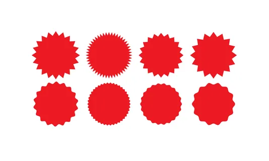 Collection of eight red starburst and jagged circle shapes on a white background