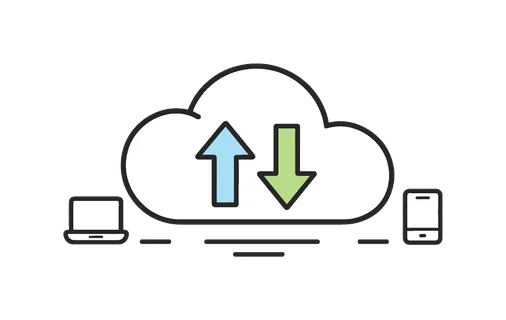 Online data storage and remote access in business and personal use, a cloud icon paired with an upward and downward arrow representing upload and download processes,
