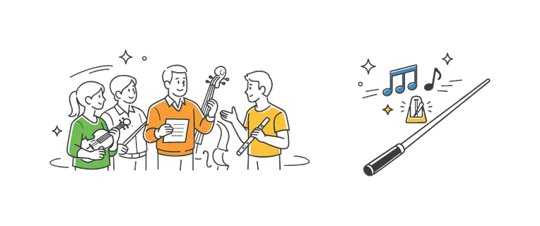 A rehearsal environment where orchestra members practice and synchronize their performance under guidance, illustrated by a small group gathered near a simple conductor