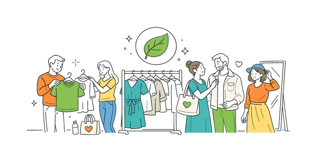 Sustainable fashion lifestyle scene showing a small group of people choosing and wearing eco-friendly clothing in a conscious shopping environment, with a clothing rack
