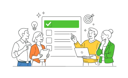A simple clarity of priority scenario where professionals quickly identify the most important task among several options in a workflow, using a visual metaphor of a clean