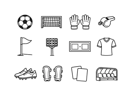 Soccer football game elements: soccer ball, goal post, goalkeeper gloves, referee whistle, corner flag, stadium floodlight, scoreboard, soccer jersey, soccer cleats, shin guards