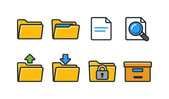 File management system: folder, open folder, file document, file search magnifying glass, upload to folder, download from folder, folder lock, archive box