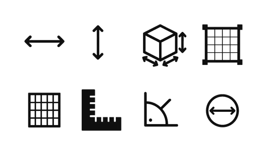 Dimension and sizing: width arrows, height arrows, depth cube, resize frame, grid measurement, dimension lines, angle indicator, precision mark.