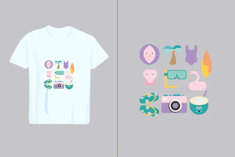 A collection of adorable cartoon-style summer vacation icons including a beach ball, palm tree, swimsuit, surfboard, flip-flops, camera, and coconut drink