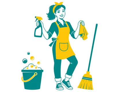 A cheerful woman with a bandana and apron stands with a spray bottle, cloth, broom, and bucket of suds, symbolizing household chores and tidiness