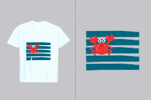 A cheerful red crab with big eyes is featured on a navy blue striped pattern, perfect for apparel and summer themes