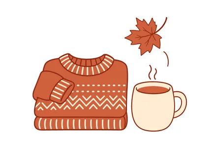 A warm knitted sweater sits next to a steaming mug of beverage, with a single autumn leaf descending nearby