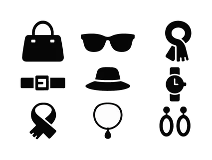 Fashion accessories set: handbag, sunglasses, hat, belt, scarf, watch, necklace, earrings.
