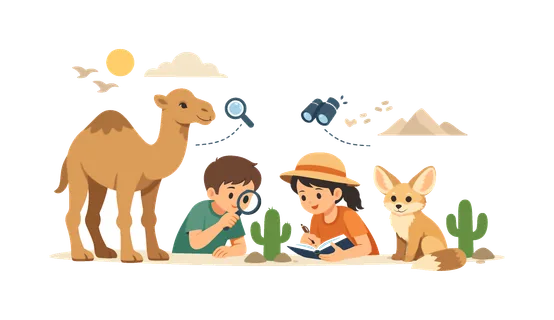 A wildlife nature learning scene inspired by educational chalkboard drawings used to teach children about desert ecosystems, represented with chalk style illustrations of a camel