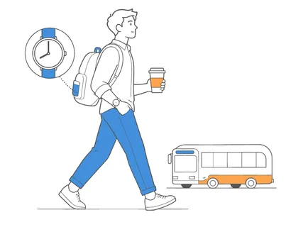 A young man in casual attire is depicted walking with a backpack and a coffee cup, glancing at his wristwatch as a bus approaches