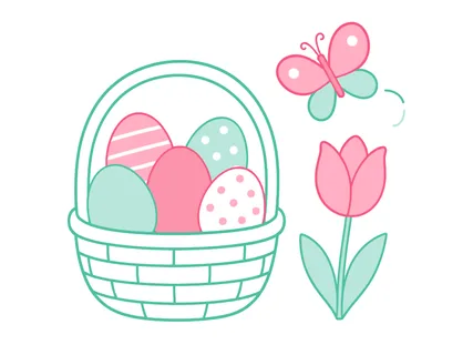 A charming illustration featuring a woven basket filled with pastel-colored Easter eggs, a single pink tulip, and a playful butterfly in flight