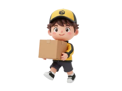 A cheerful 3D animated courier character in uniform walks forward holding a package, ready for delivery
