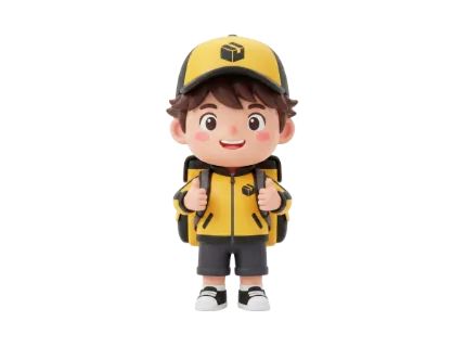 A cheerful 3D animated delivery person in a yellow uniform and cap with a backpack gives a positive thumbs up gesture