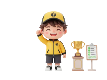 A cheerful 3D courier character in a yellow uniform raises a fist in victory next to a golden trophy and a completed checklist