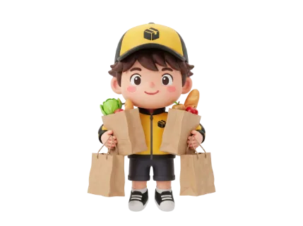 A cheerful 3D animated delivery person wearing a yellow uniform and cap carries paper bags filled with groceries and baked goods