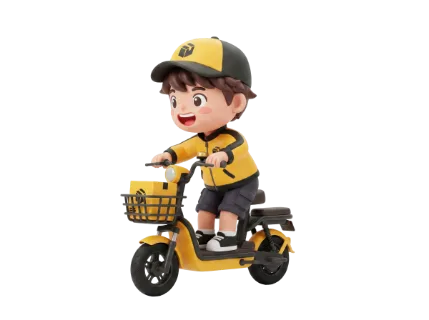 A cheerful 3D animated courier character wearing a yellow jacket and cap rides a bright yellow scooter with a package in the front basket