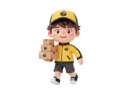 A cheerful 3D animated delivery person in a yellow uniform and cap carries packages, representing logistics and shipping services