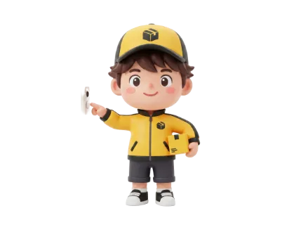 A cheerful 3D animated delivery person in uniform rings a doorbell while holding a small parcel, ready for service