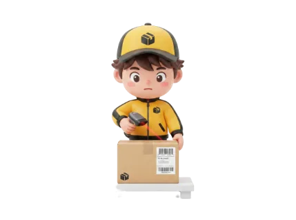 A cute 3D animated courier character in a yellow uniform scans a cardboard box with a barcode using a red laser scanner