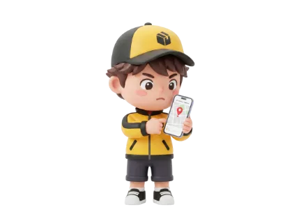 A confused 3D cartoon delivery person wearing a yellow jacket and cap consults a mobile phone displaying a map with a pin