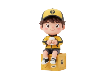 A charming 3D courier character wearing a yellow uniform and cap sits on a wooden crate, holding a coffee cup during a break
