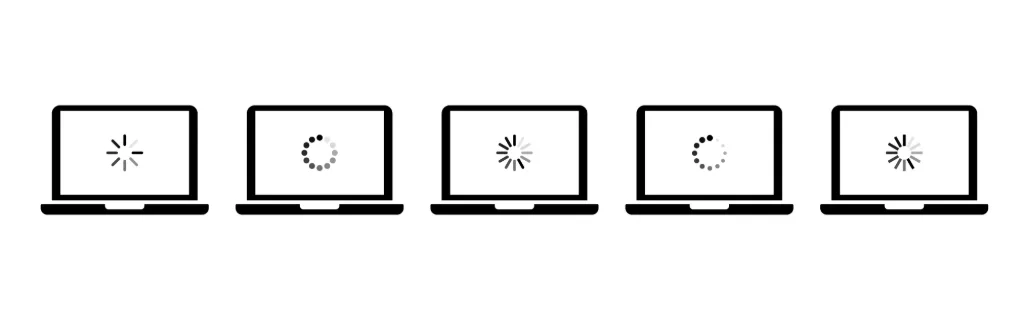 Laptop with loading icon set. Software update. Computer upgrade process concept. Vector line icon for Business and Advertising.