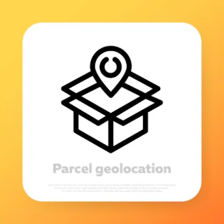 Geotag icon. Parcel geolocation. Online delivery. Vector line icon for Business and Advertising.