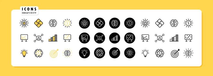 Creativity icon set. Contains such Icons as Inspiration, Idea, Brain and more. Vector line icon for Business and Advertising.