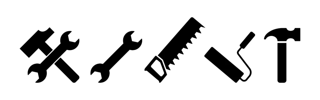 Instruments icon set. Hammer saw roller shovel. Vector line icon for Business and Advertising.
