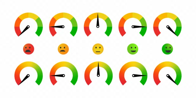Mood speedometer icon set. Pain scale. Emotion barometer. Vector line icon for Business and Advertising.