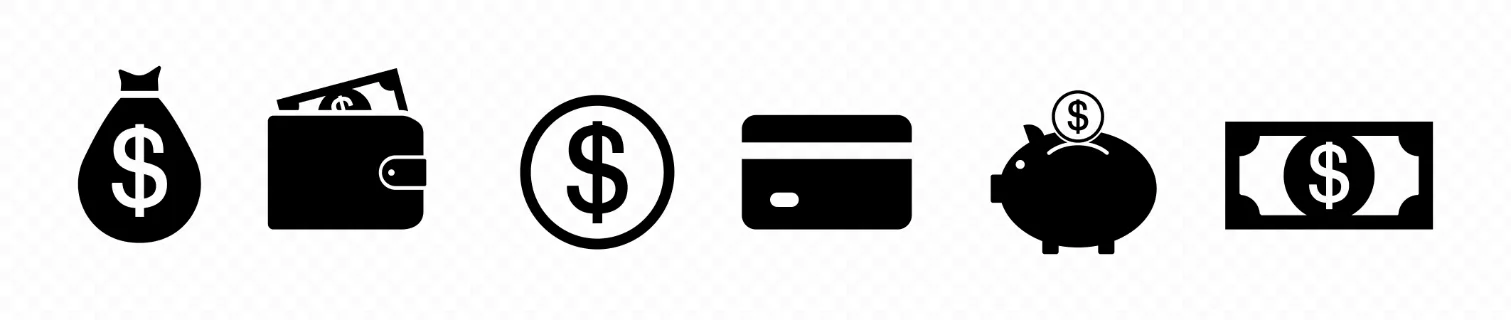 Money icon set in black. Credit card, wallet, coin icon. Vector line icon for Business and Advertising.