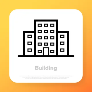 Building icon in black. Commercial office. Skyscraper hotel. Vector line icon for Business and Advertising.