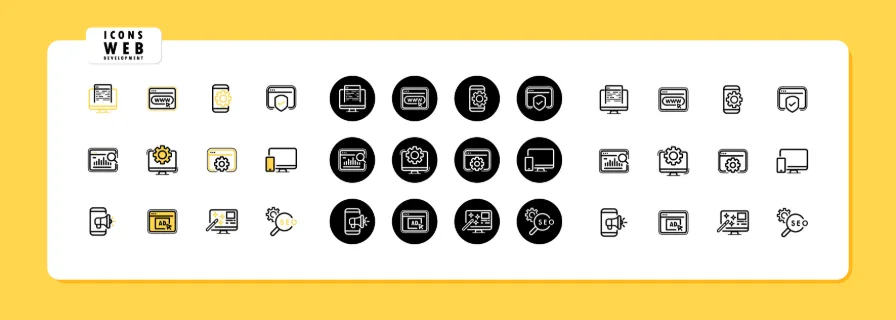 Web development icon set vector. Software service, technology support. Vector line icon set for Business and Advertising.