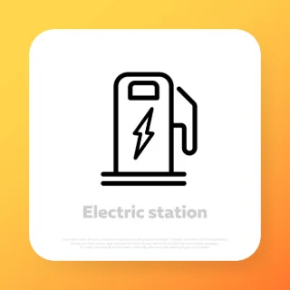 Electric charger station with a plug in cable. Electrified future transportation. Vector line icon for Business and Advertising.