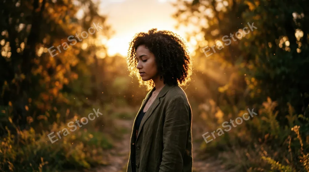 Woman standing in dramatic backlit sunlight, sun halo glowing around her silhouetted curly hair creating a luminous crown effect, face partially lit revealing